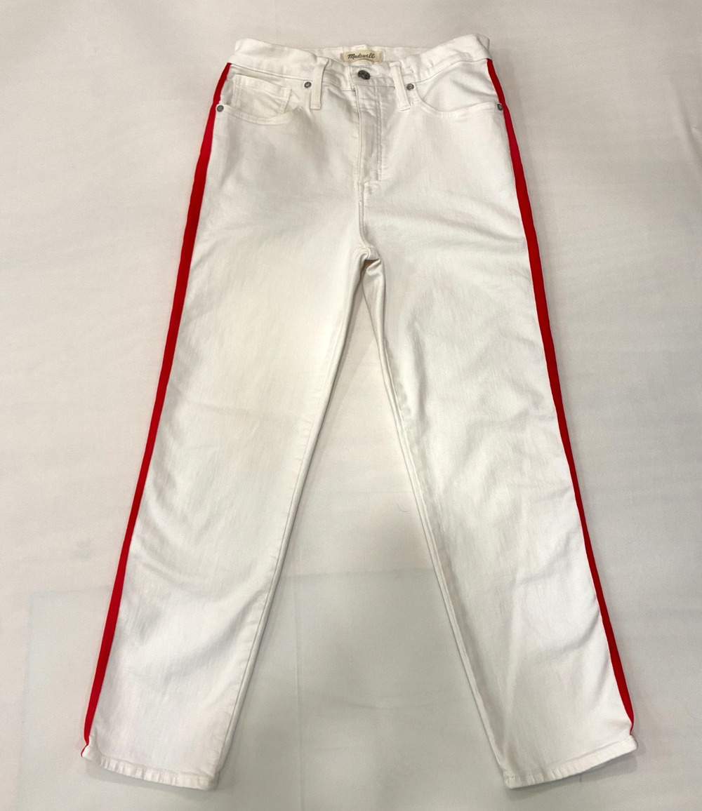 Madewell Women's Slim Straight White Denim w/Red Stripe on each side Size 28